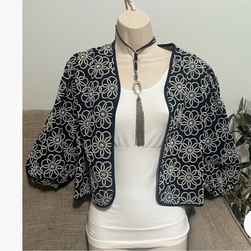 Maeve Navy Blue Cropped Floral Embroidered Jacket